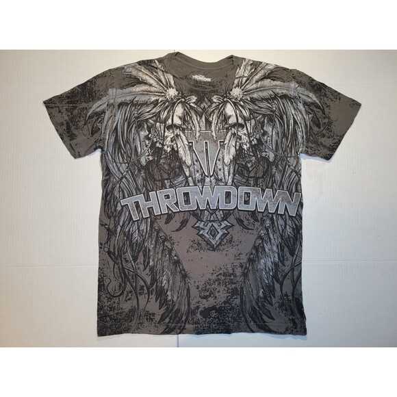affliction Other - Throwdown Premium Double Skull Aztec Feathered Headdress‎ AOP Mens L Logo Cross